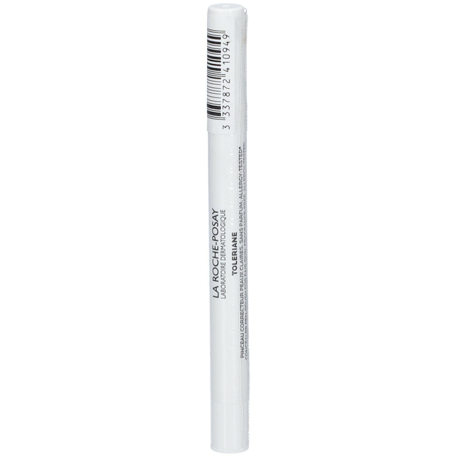 Stylo blanc avec code-barres noir. Inscription: LA ROCHE-POSAY TOLERIANE.