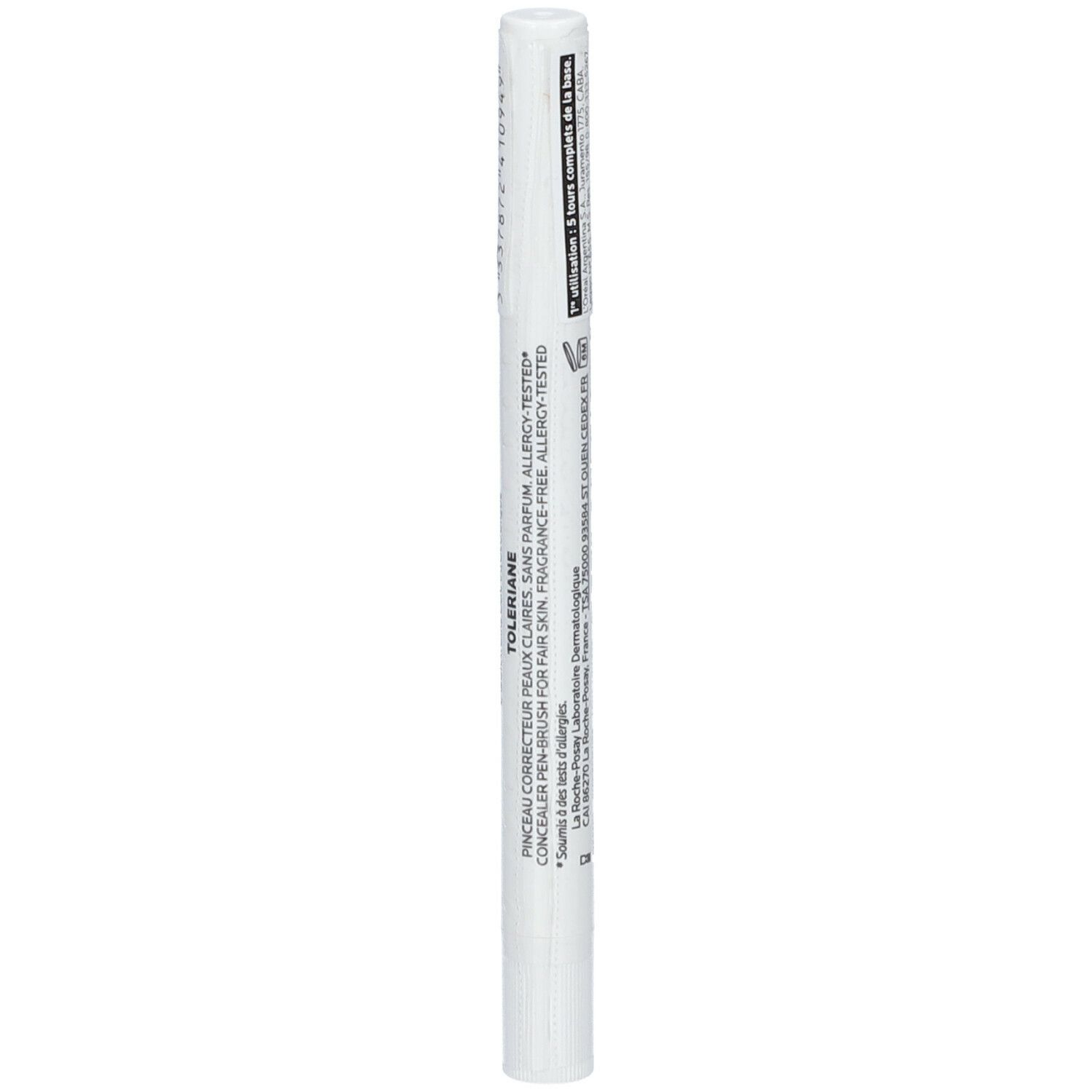 Stylo blanc avec code-barres noir et texte. Inscription: LA ROCHE-POSAY TOLERIANE.