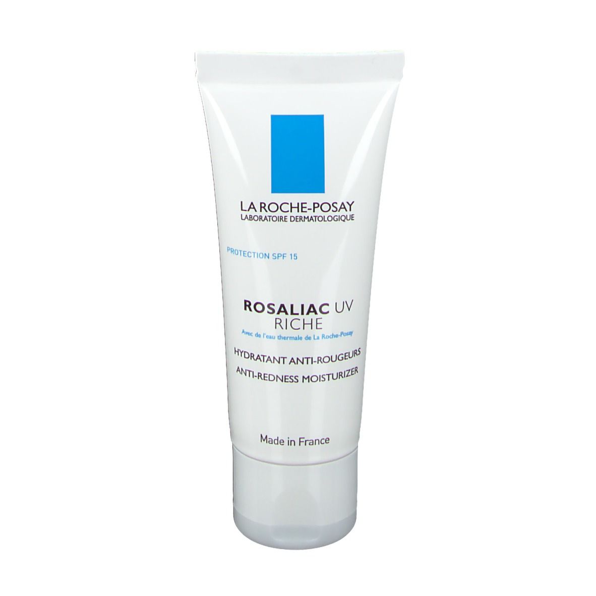 La Roche-Posay Rosaliac UV Riche. Weiße Tube mit blauer Beschriftung. Text: Anti-Rötungen Feuchtigkeitspflege.