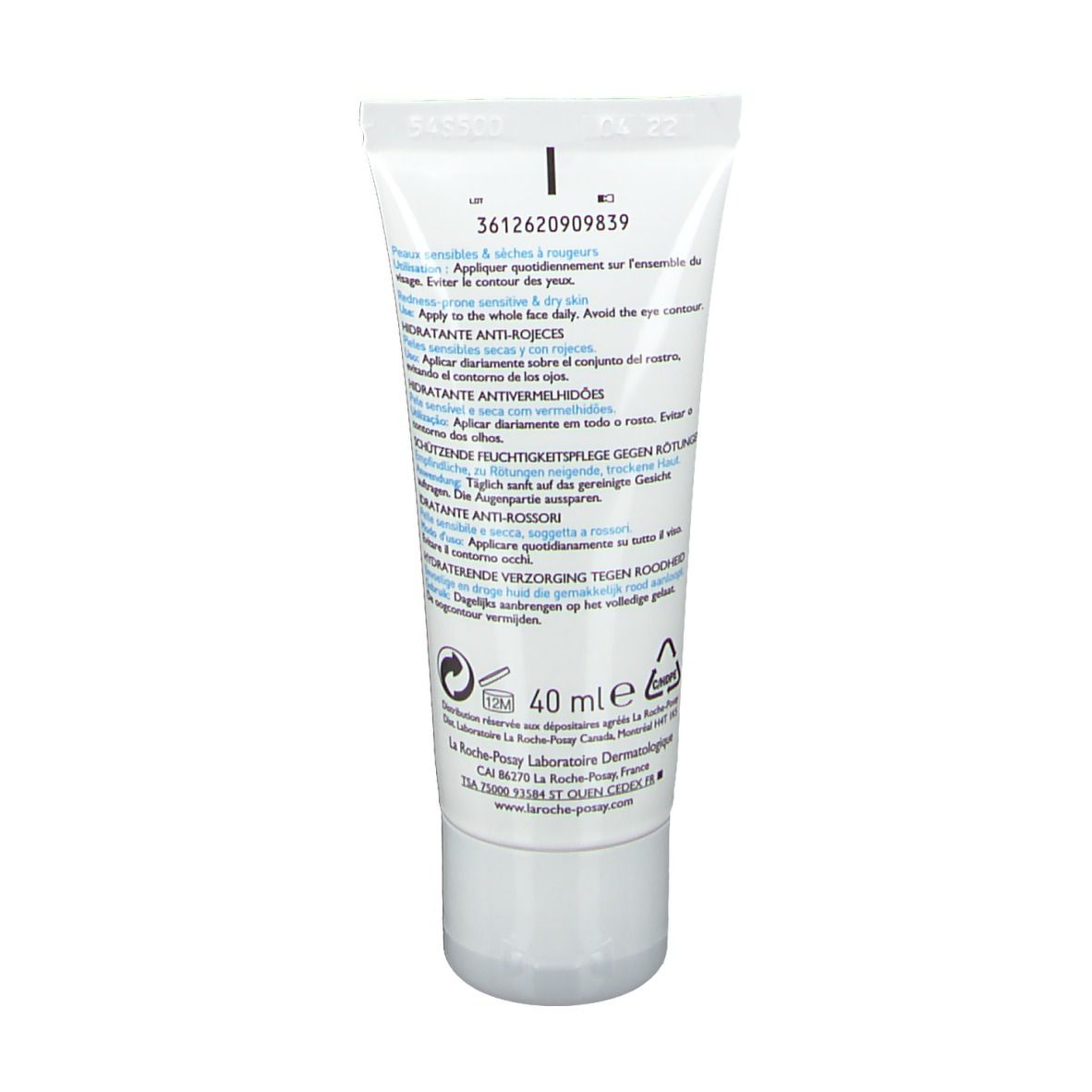 Rückseite der La Roche-Posay Rosaliac UV Riche Tube. Text in mehreren Sprachen. 40 ml. Hergestellt in Frankreich.