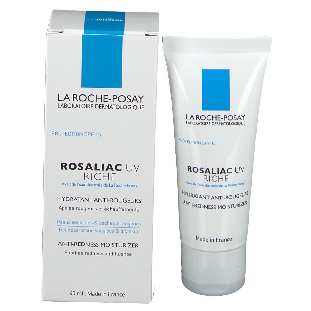La Roche-Posay Rosaliac UV Riche und Verpackung. Weiße Tube und Schachtel. Text: Anti-Rötungen Feuchtigkeitspflege.