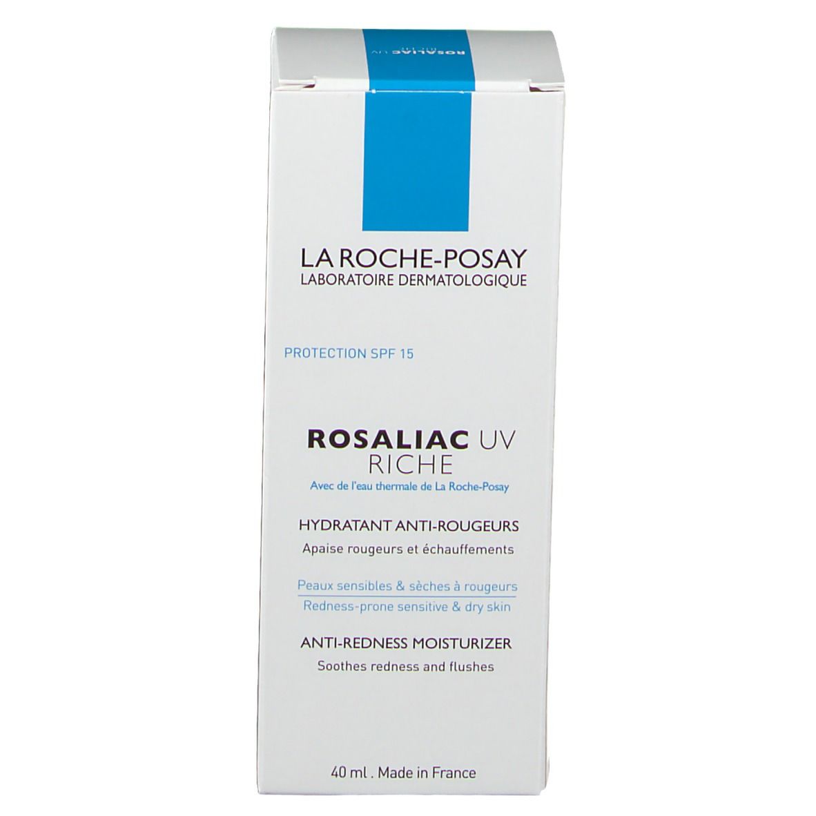 La Roche-Posay Rosaliac UV Riche Verpackung. Weiße Schachtel mit blauer Beschriftung. Text: Anti-Rötungen Feuchtigkeitspflege.