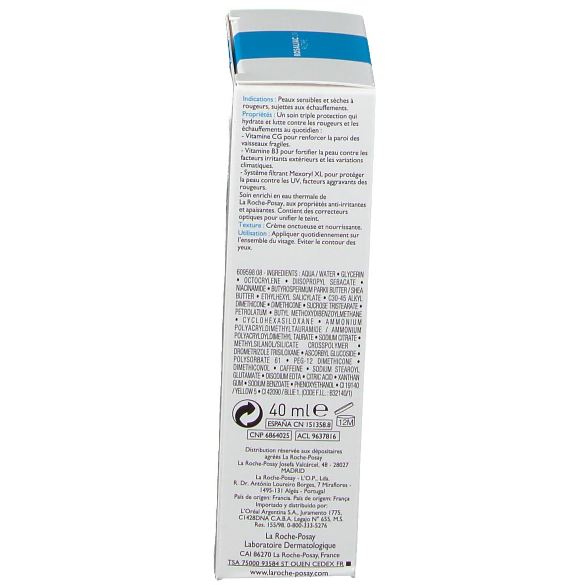 Rückseite der La Roche-Posay Rosaliac UV Riche Verpackung. Text in mehreren Sprachen. 40 ml.
