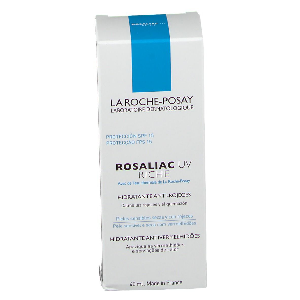 La Roche-Posay Rosaliac UV Riche Verpackung. Weiße Schachtel mit blauer Beschriftung. Text: Anti-Rötungen Feuchtigkeitspflege.
