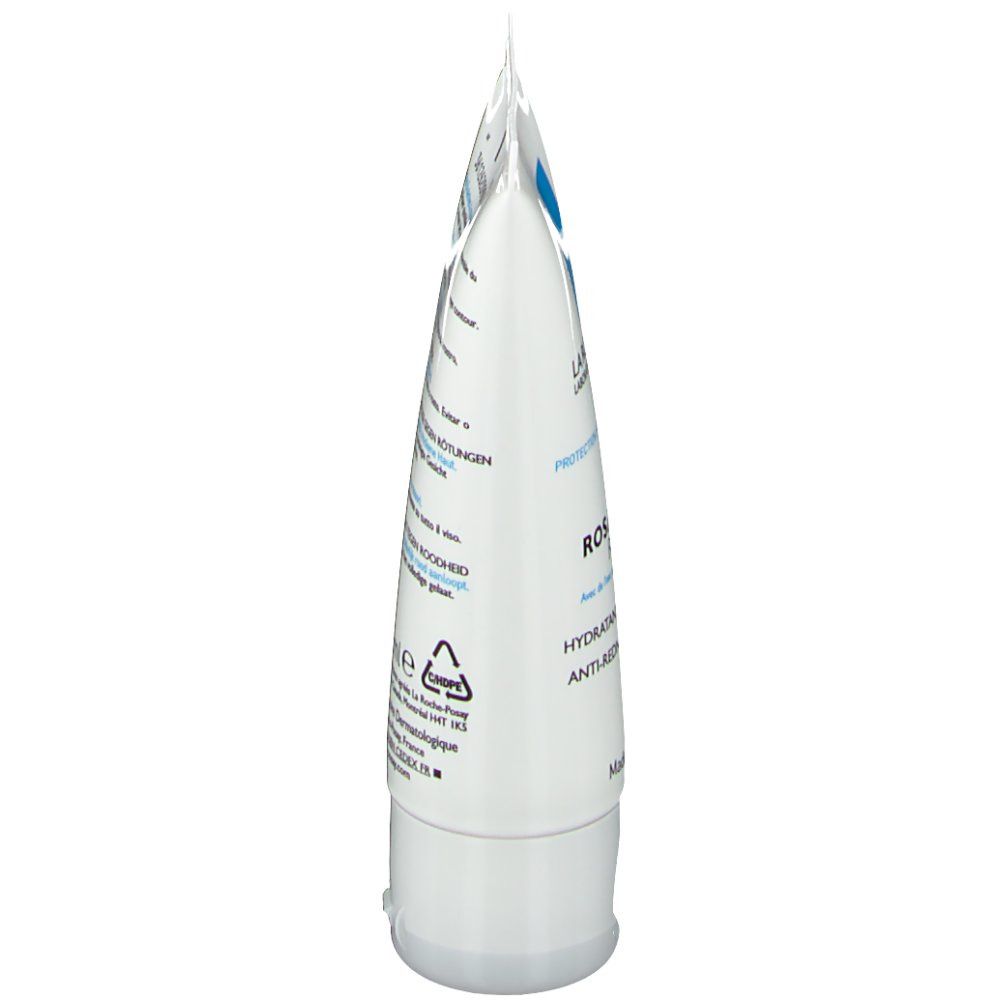 La Roche-Posay Rosaliac UV Riche Tube. Weiße Tube, blaue Schrift. Seitenansicht. Text: Anti-Rötungen Feuchtigkeitspflege.