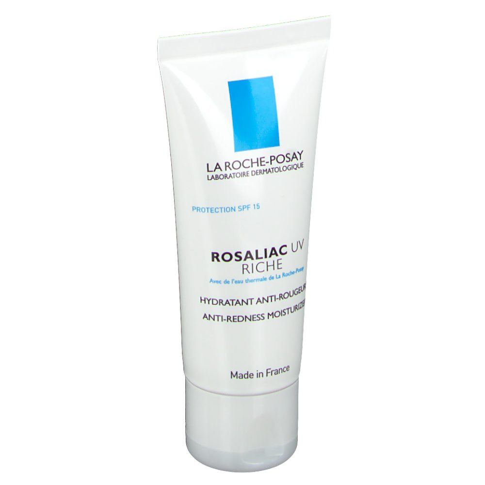 La Roche-Posay Rosaliac UV Riche. Weiße Tube mit blauer Beschriftung. Text: Anti-Rötungen Feuchtigkeitspflege.