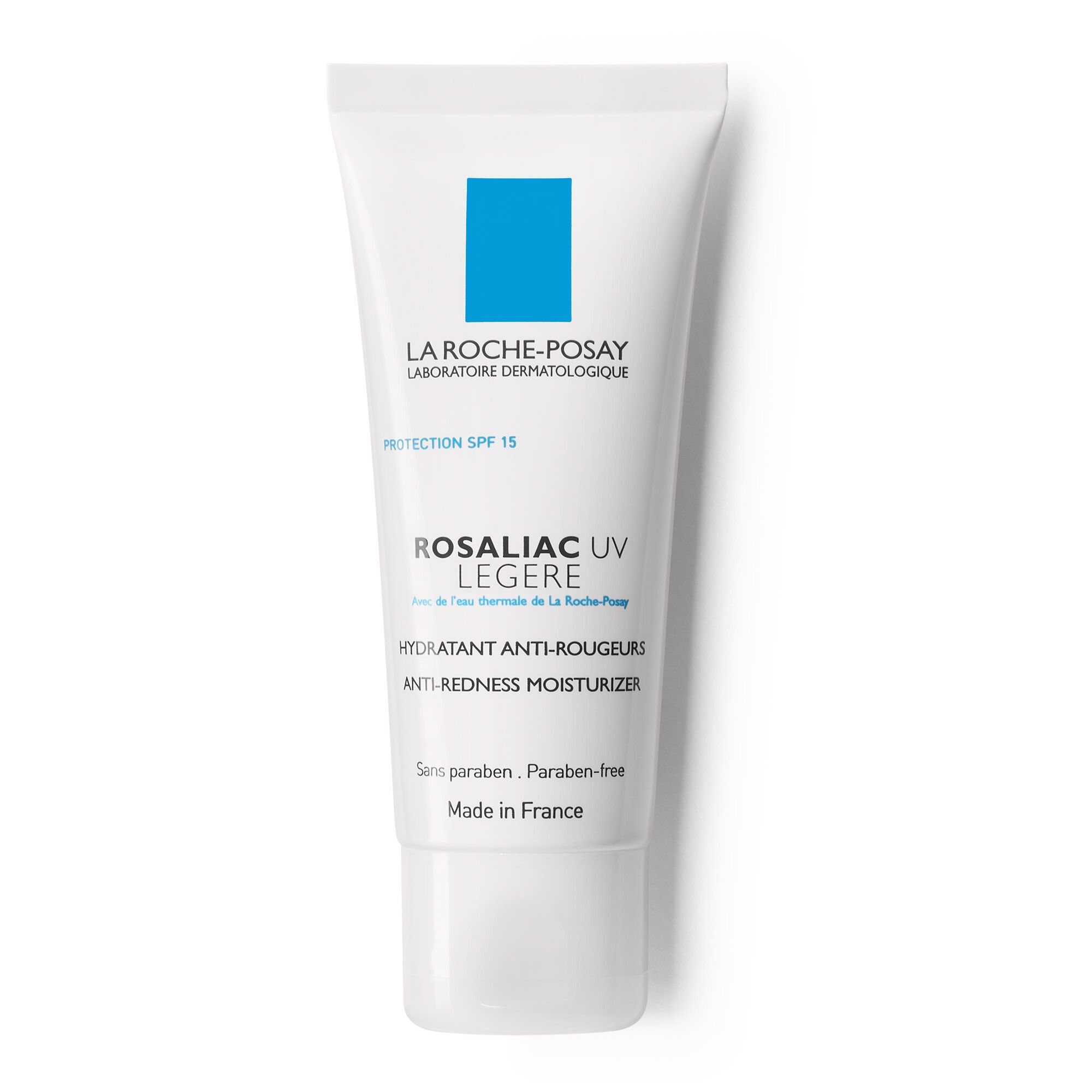 Weiße Tube mit blauem Quadrat. Text: La Roche-Posay, Rosaliac UV Legere, Hydratant Anti-Rougeurs, Protection SPF 15. Hergestellt in Frankreich.