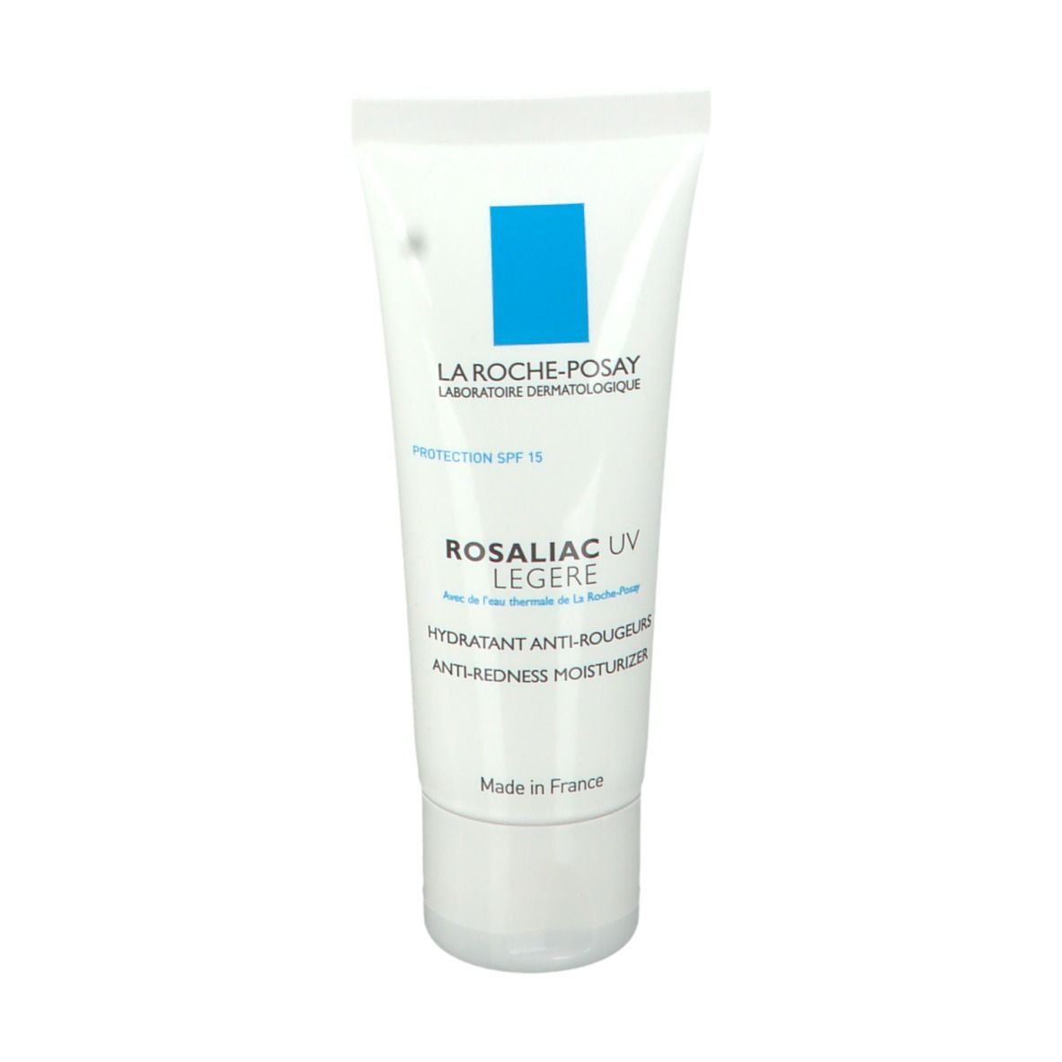 Weiße Tube mit blauem Quadrat. Text: La Roche-Posay, Rosaliac UV Legere, Hydratant Anti-Rougeurs, Protection SPF 15. Hergestellt in Frankreich.