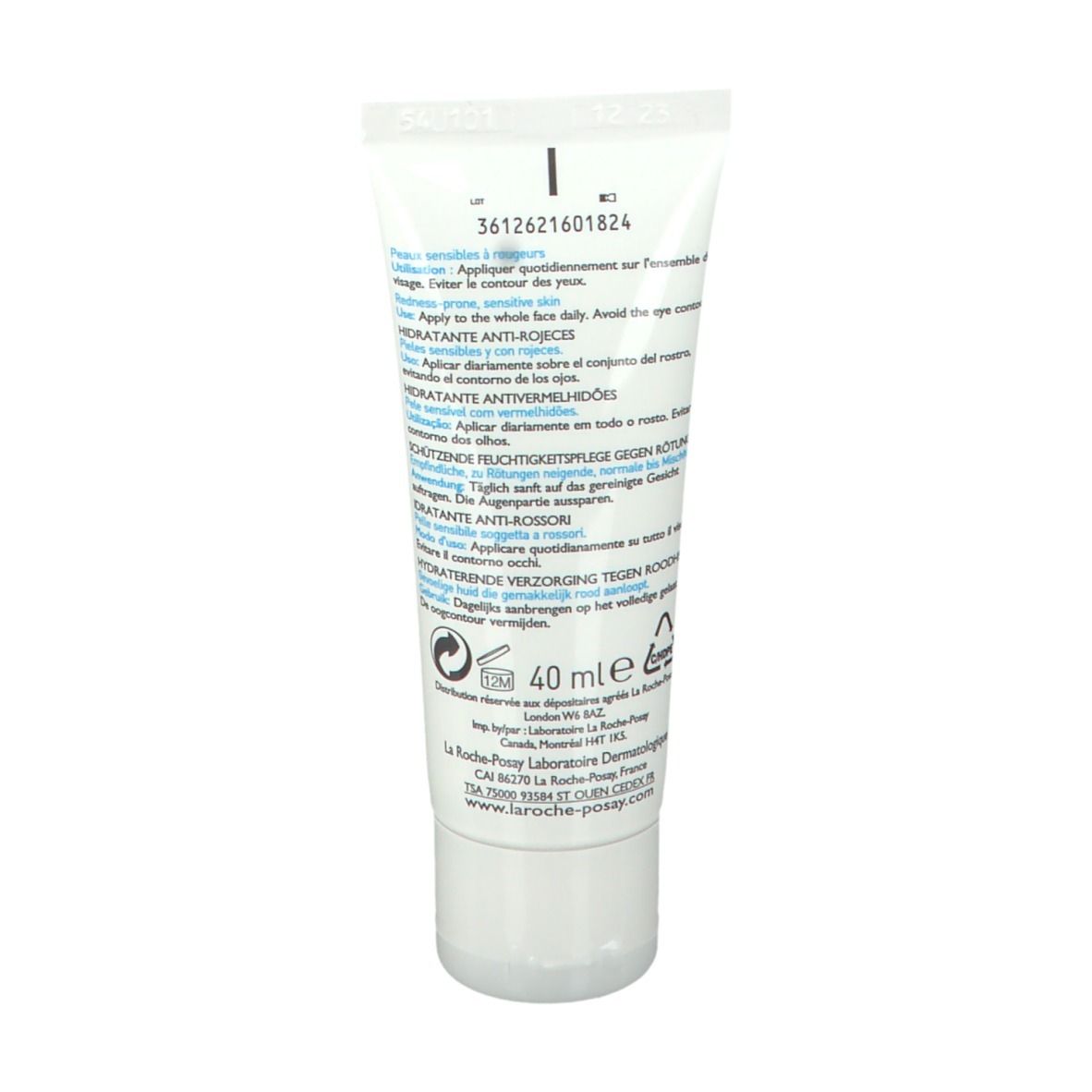 Rückseite der weißen Tube. Text: Hydratant Anti-Rougeurs, 40 ml. Inhaltsstoffe und Gebrauchsanweisung in mehreren Sprachen.