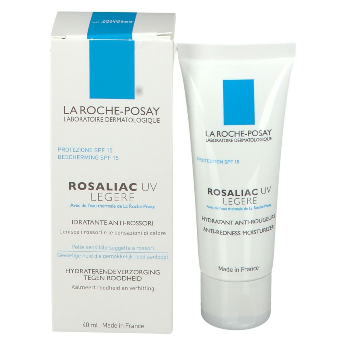 Produktverpackung und Tube. Text: La Roche-Posay, Rosaliac UV Legere, Hydratant Anti-Rougeurs, Protection SPF 15, 40 ml.