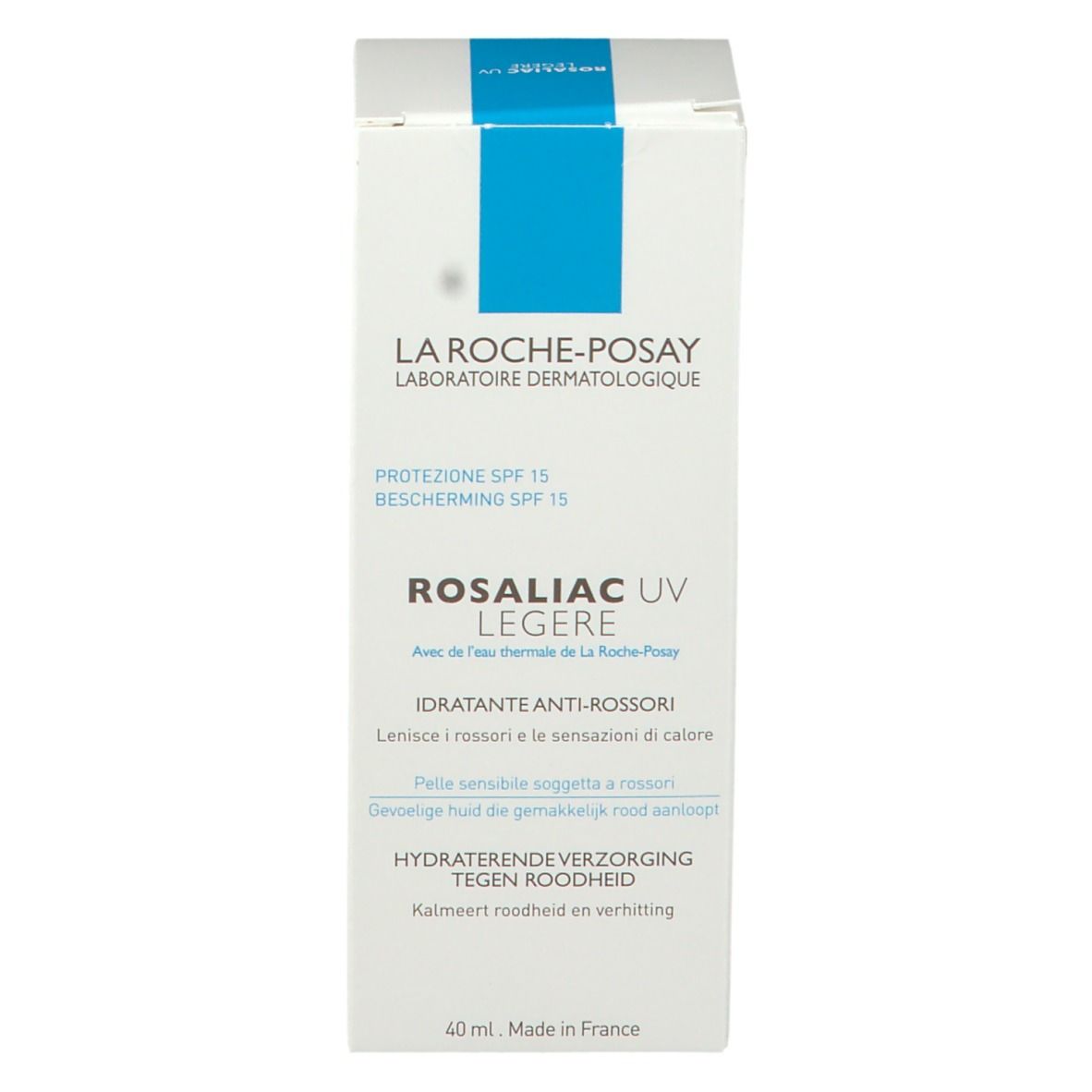Produktverpackung. Text: La Roche-Posay, Rosaliac UV Legere, Hydratant Anti-Rougeurs, Protection SPF 15, 40 ml.