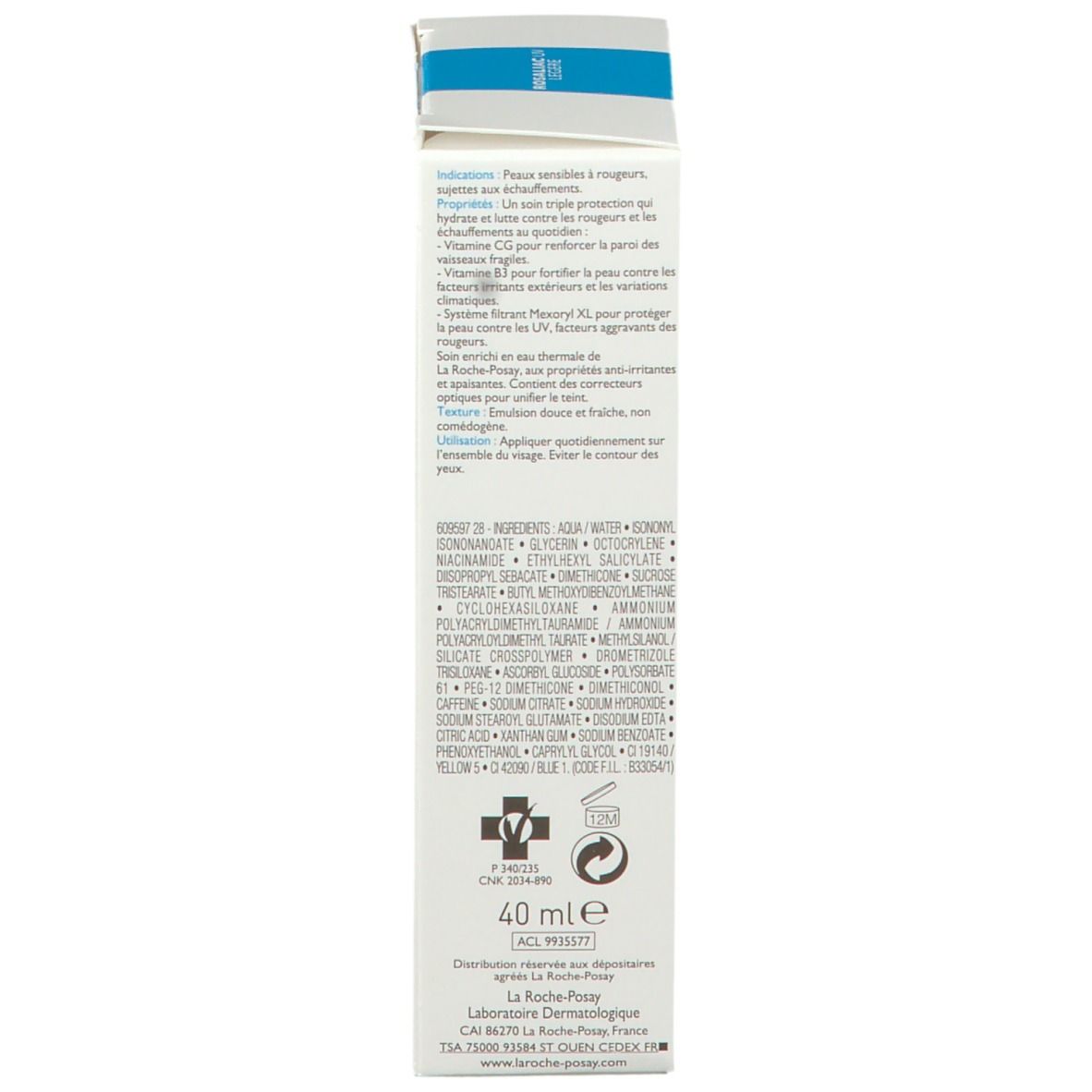 Rückseite der Produktverpackung. Text: Inhaltsstoffe, Gebrauchsanweisung, 40 ml, La Roche-Posay.