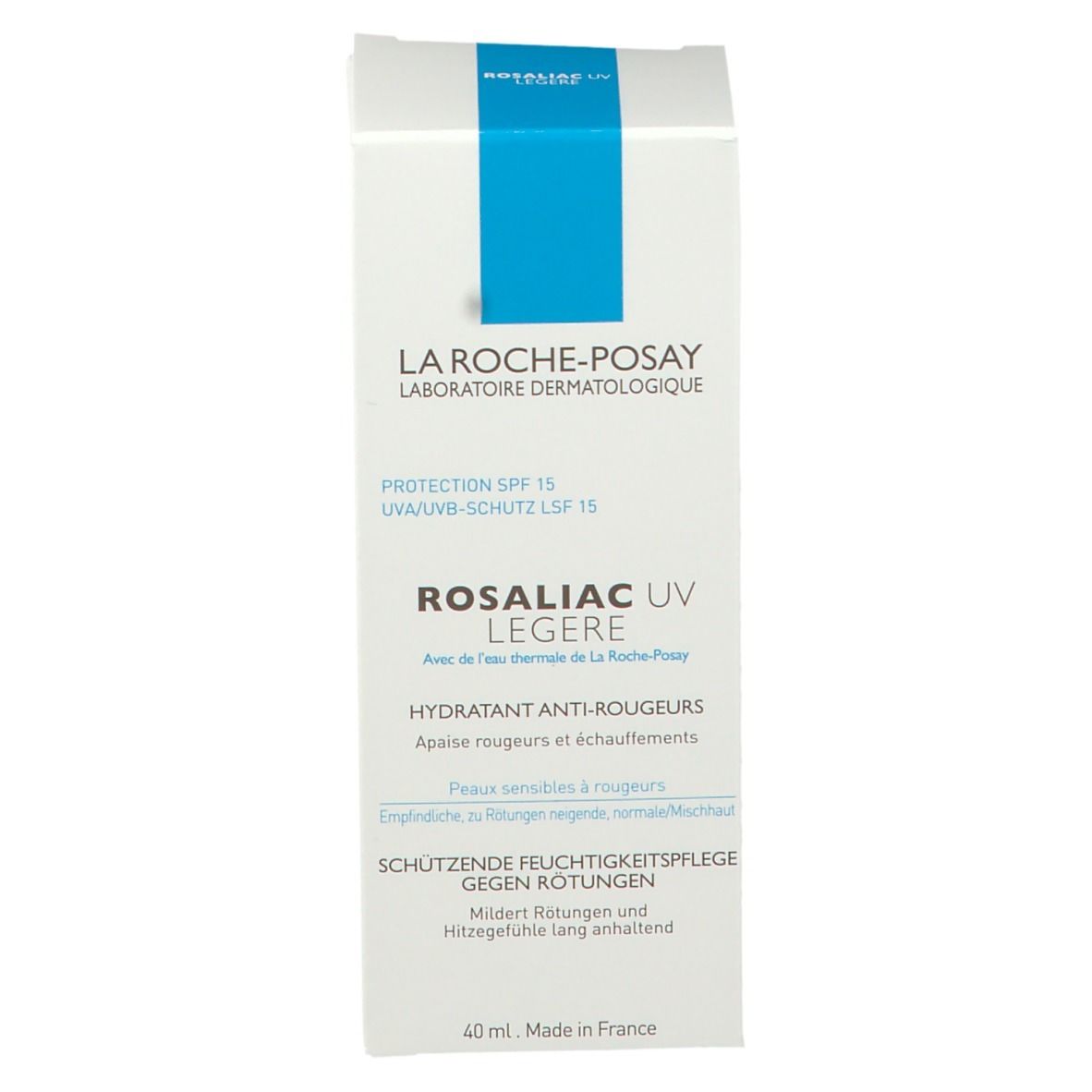 Produktverpackung. Text: La Roche-Posay, Rosaliac UV Legere, Hydratant Anti-Rougeurs, Protection SPF 15, 40 ml.
