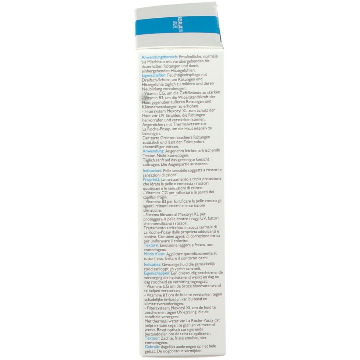 Rückseite der Produktverpackung. Text: Inhaltsstoffe, Gebrauchsanweisung, 40 ml, La Roche-Posay.