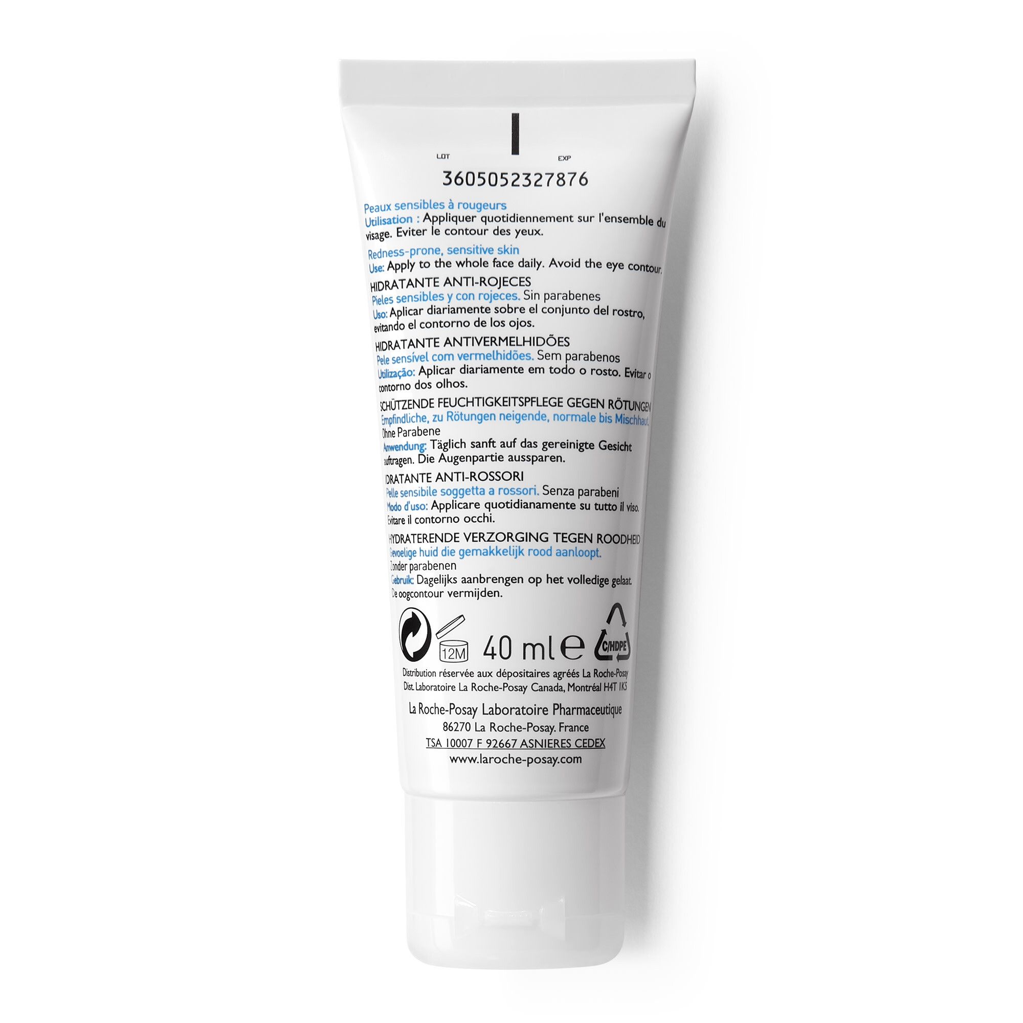 Rückseite der weißen Tube. Text: Hydratant Anti-Rougeurs, 40 ml. Inhaltsstoffe und Gebrauchsanweisung in mehreren Sprachen.
