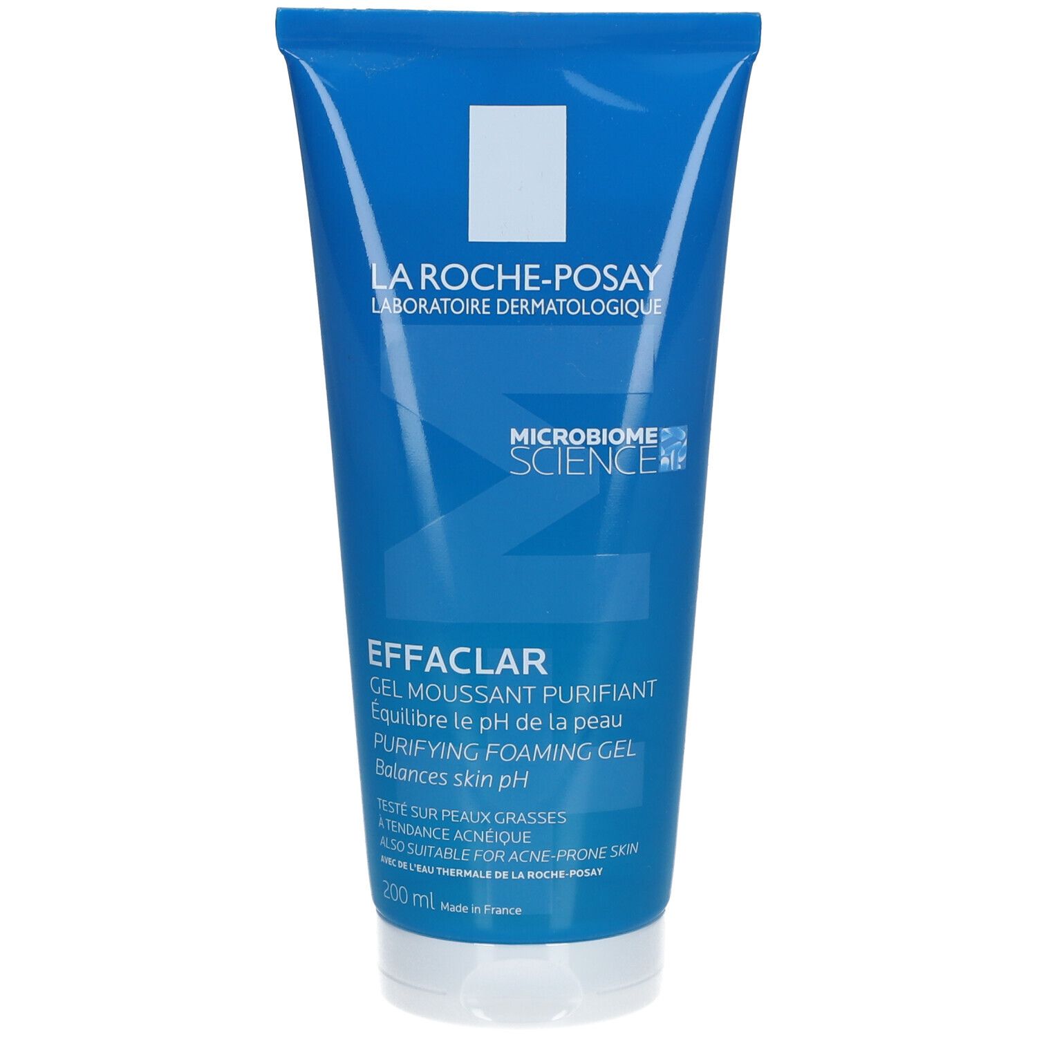 Blauwe tube La Roche-Posay Effaclar. Opschrift: Effaclar, gel moussant purifiant, pH-balans, geschikt voor acne-gevoelige huid.
