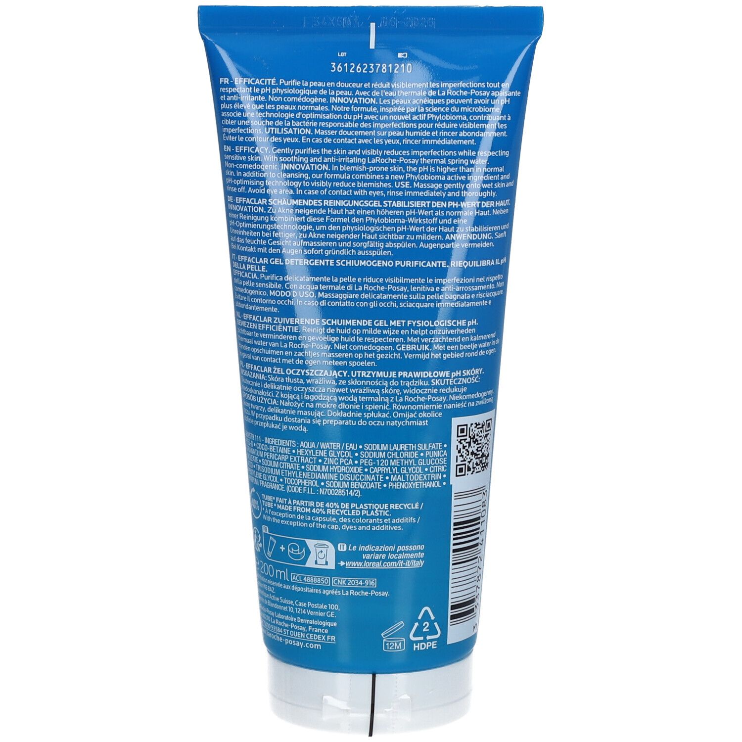 Achterkant van de blauwe tube La Roche-Posay Effaclar. Bevat informatie over ingrediënten en gebruik.