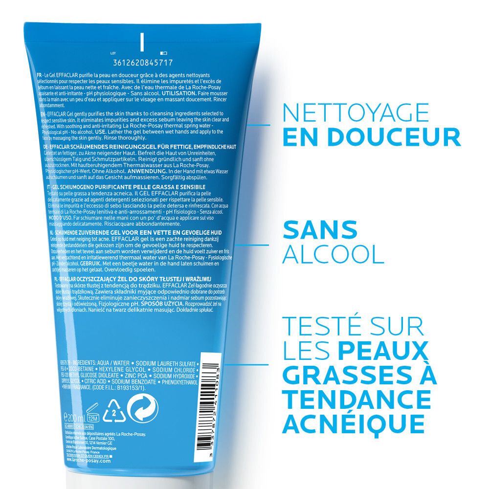 Dos du tube bleu Effaclar La Roche-Posay. Texte: Nettoyage en douceur, sans alcool, testé sur peaux grasses à tendance acnéique.