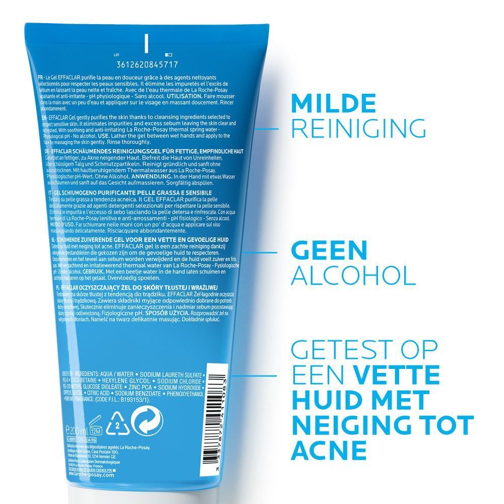 Achterkant blauwe tube La Roche-Posay Effaclar. Tekst: Milde reiniging, geen alcohol, getest op een vette huid met neiging tot acne.