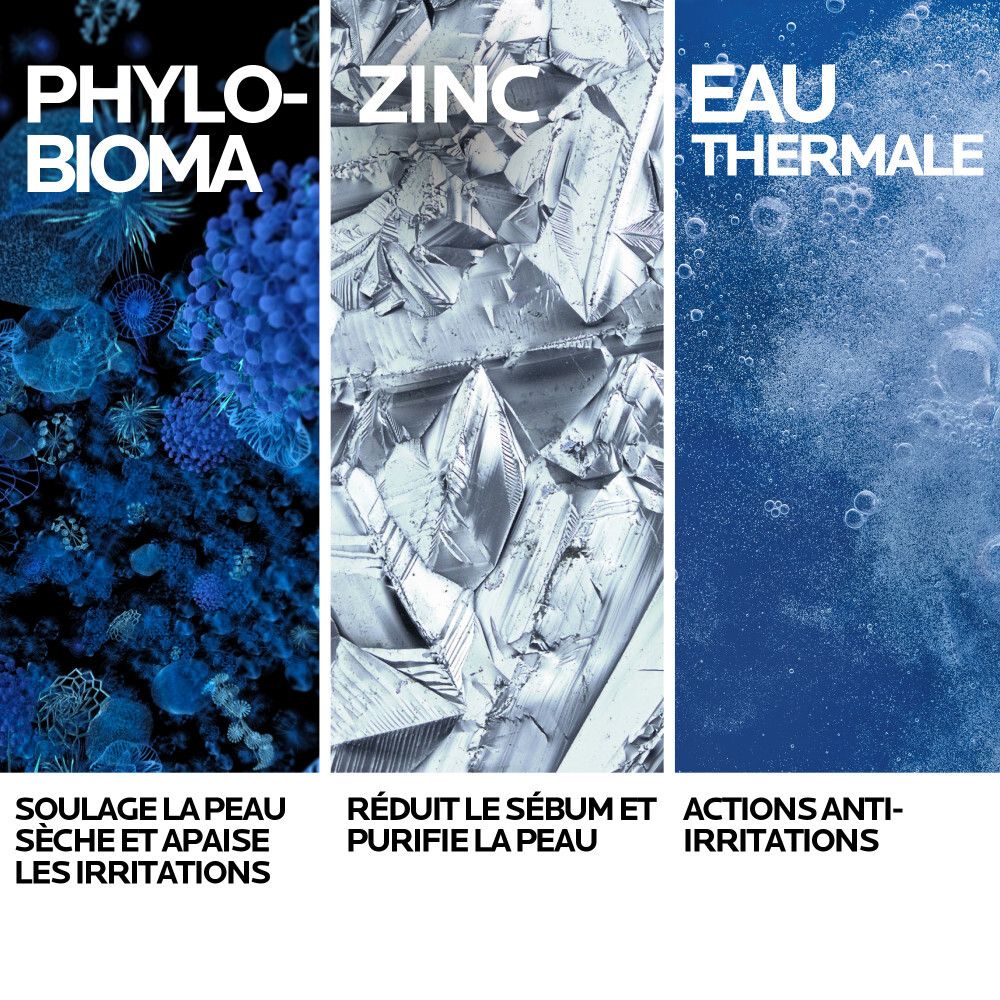 Graphique avec ingrédients: Phylo-Bioma, Zinc, Eau Thermale. Texte: Soulage la peau, réduit le sébum, actions anti-irritations.