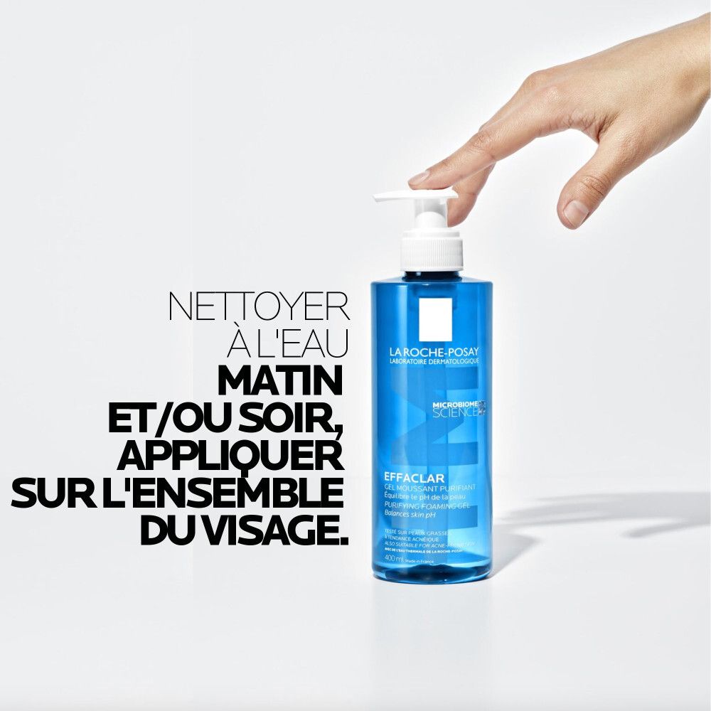 Produit La Roche-Posay Effaclar. Texte: Nettoyer à l'eau matin et/ou soir, appliquer sur l'ensemble du visage.