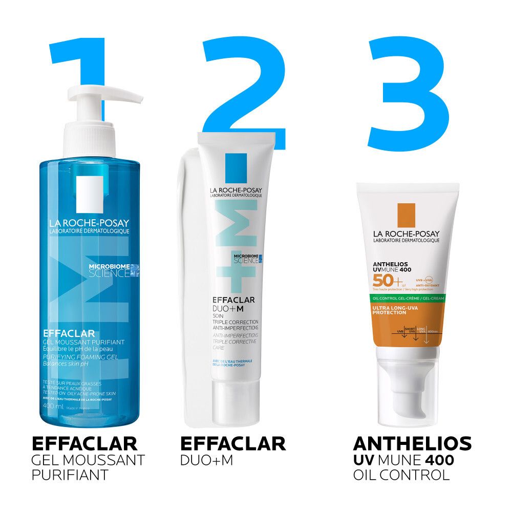 Trois produits La Roche-Posay: Effaclar gel nettoyant, Effaclar Duo+M, Anthelios UVmune 400 Oil Control.