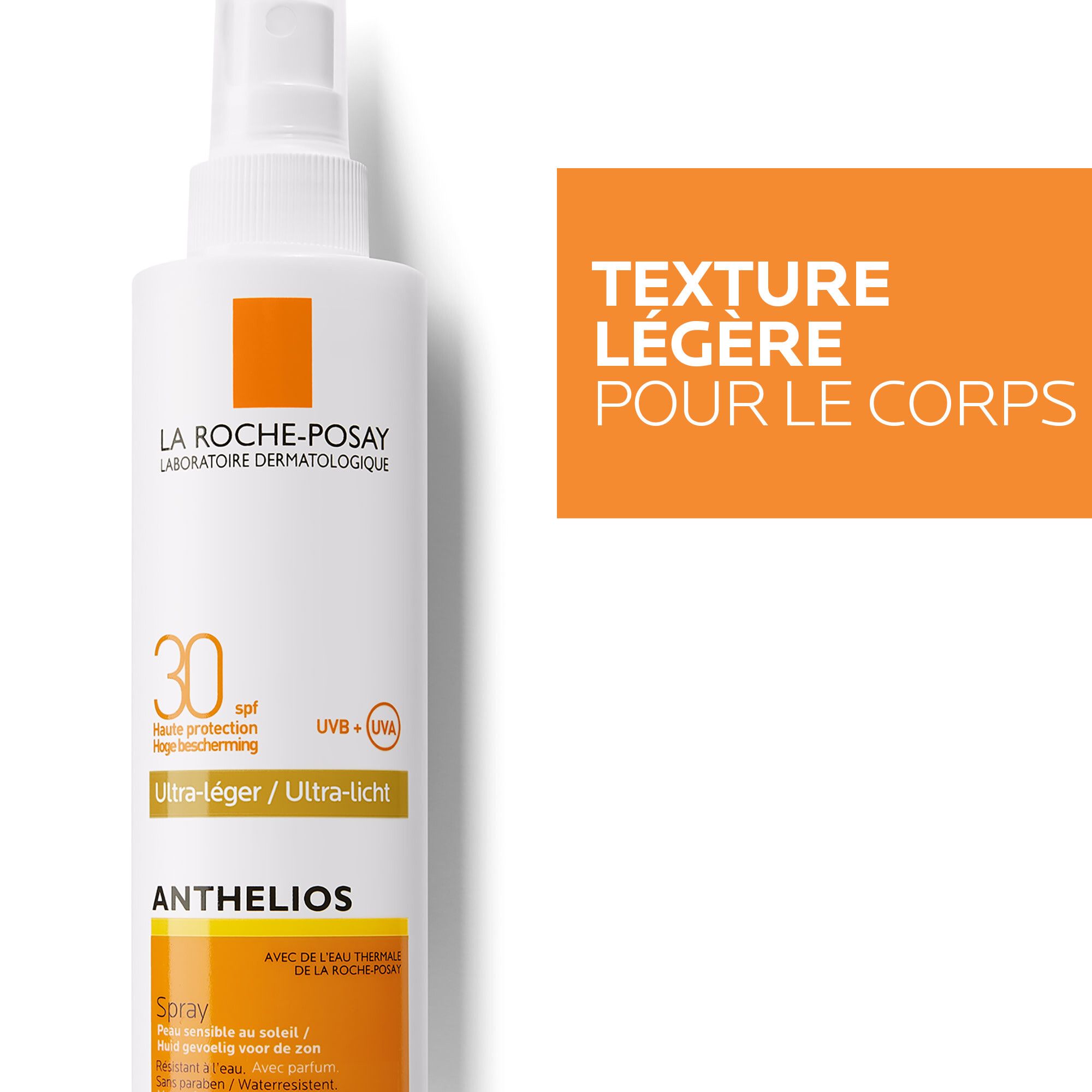 Spray solaire Anthelios. Flacon blanc, détails orange. Texte: Texture Légère Pour Le Corps.