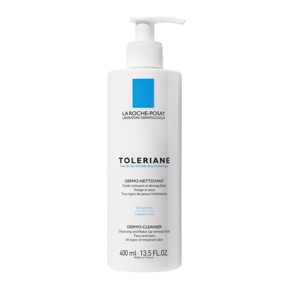 Witte fles met pomp. Blauwe rechthoek. Opschrift: Toleriane, Dermo-nettoyant. 400 ml.