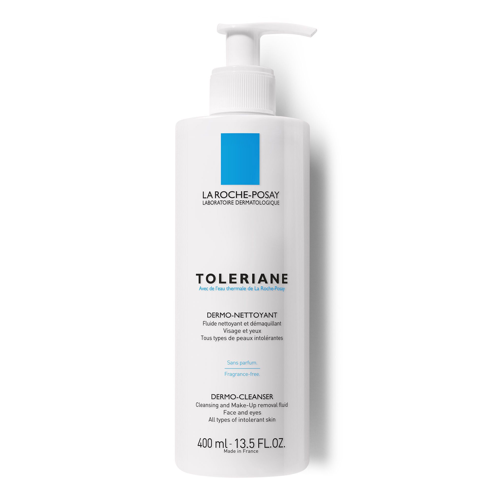 Flacon blanc avec pompe. Marque bleue. Inscription: Toleriane, Dermo-nettoyant. 400 ml.