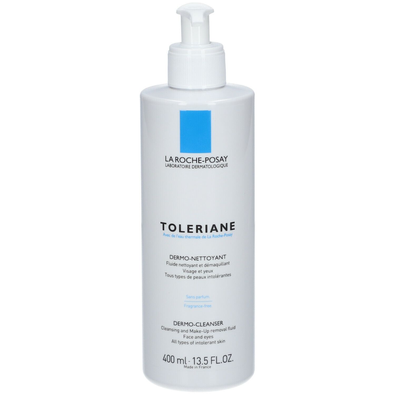Flacon blanc avec pompe. Marque bleue. Inscription: Toleriane, Dermo-nettoyant. 400 ml.