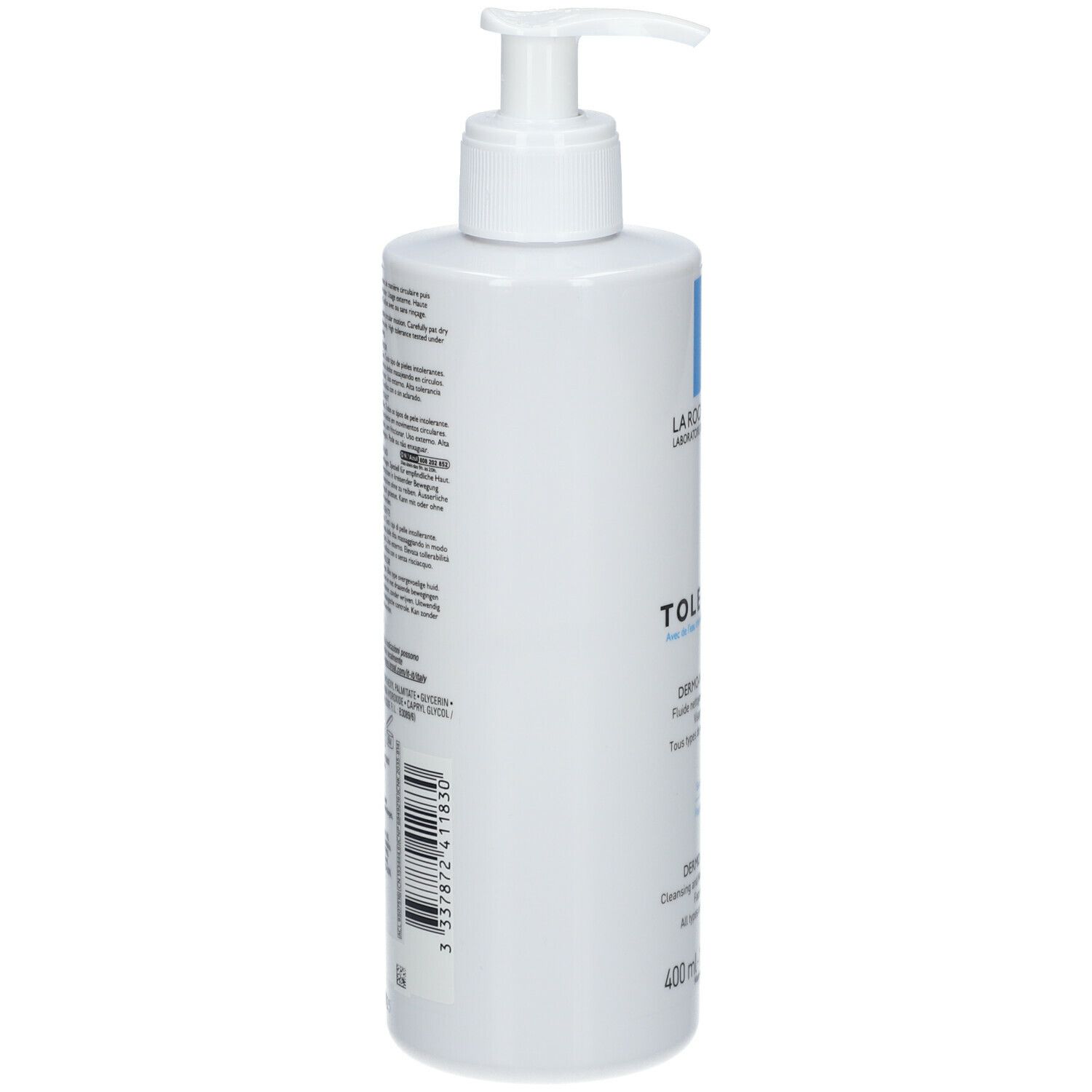 Dos du flacon. Texte multilingue. Inscription: Toleriane, Dermo-nettoyant. 400 ml. Ingrédients.