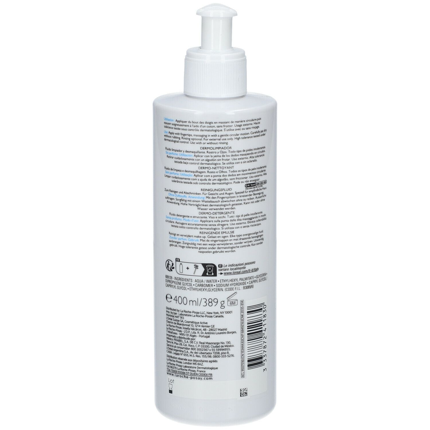 Dos du flacon. Texte multilingue. Inscription: Toleriane, Dermo-nettoyant. 400 ml. Ingrédients.