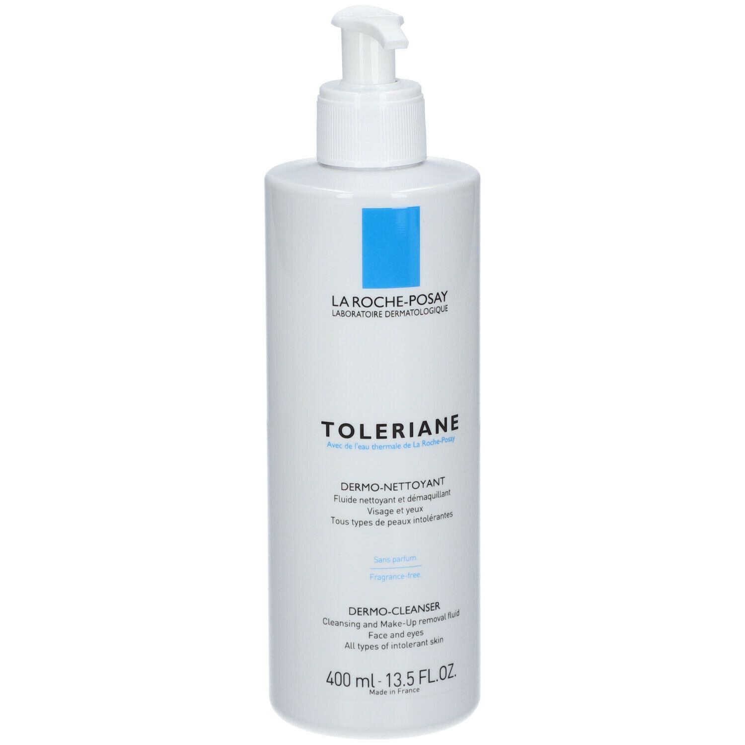 Flacon blanc avec pompe. Marque bleue. Inscription: Toleriane, Dermo-nettoyant. 400 ml.