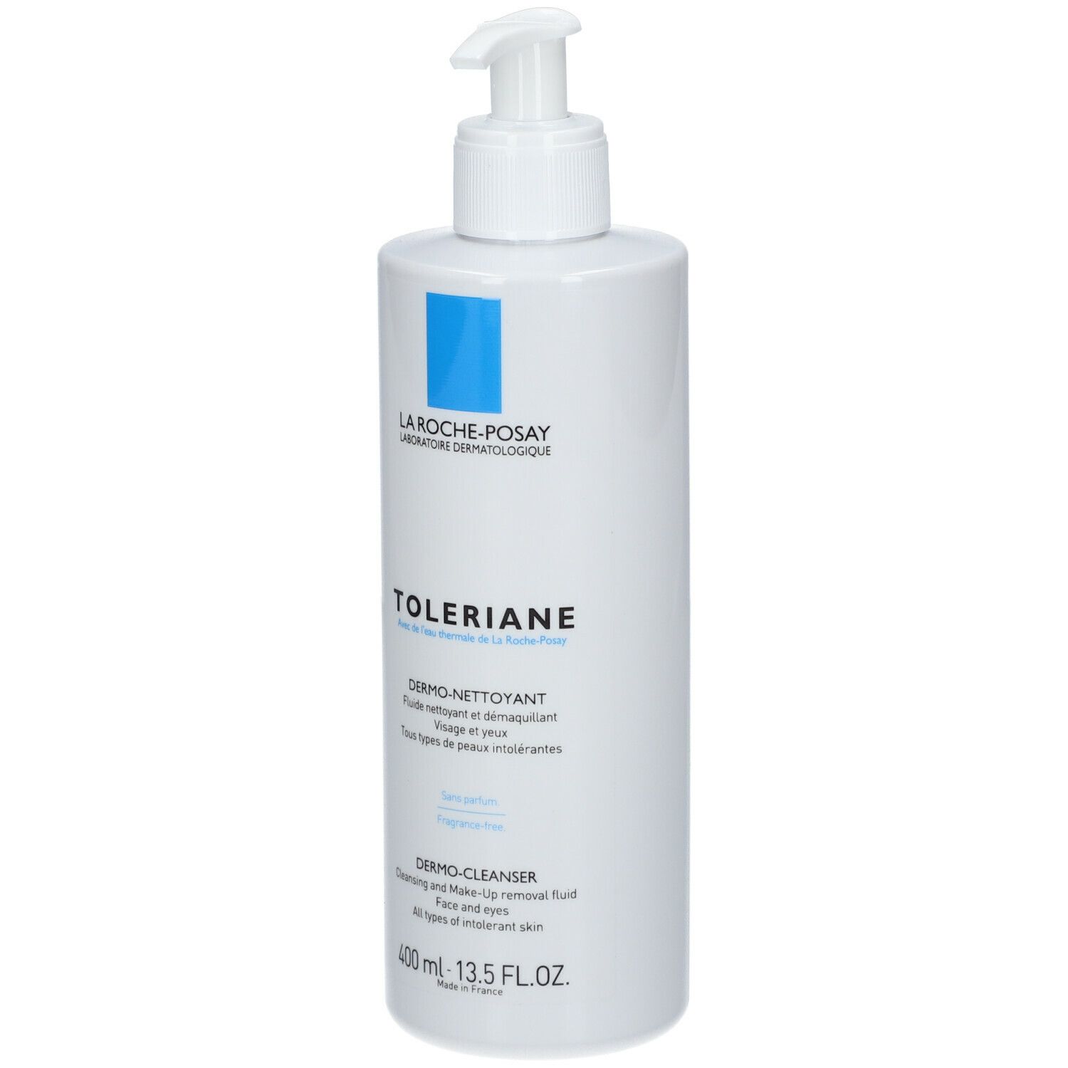 Flacon blanc avec pompe. Marque bleue. Inscription: Toleriane, Dermo-nettoyant. 400 ml.