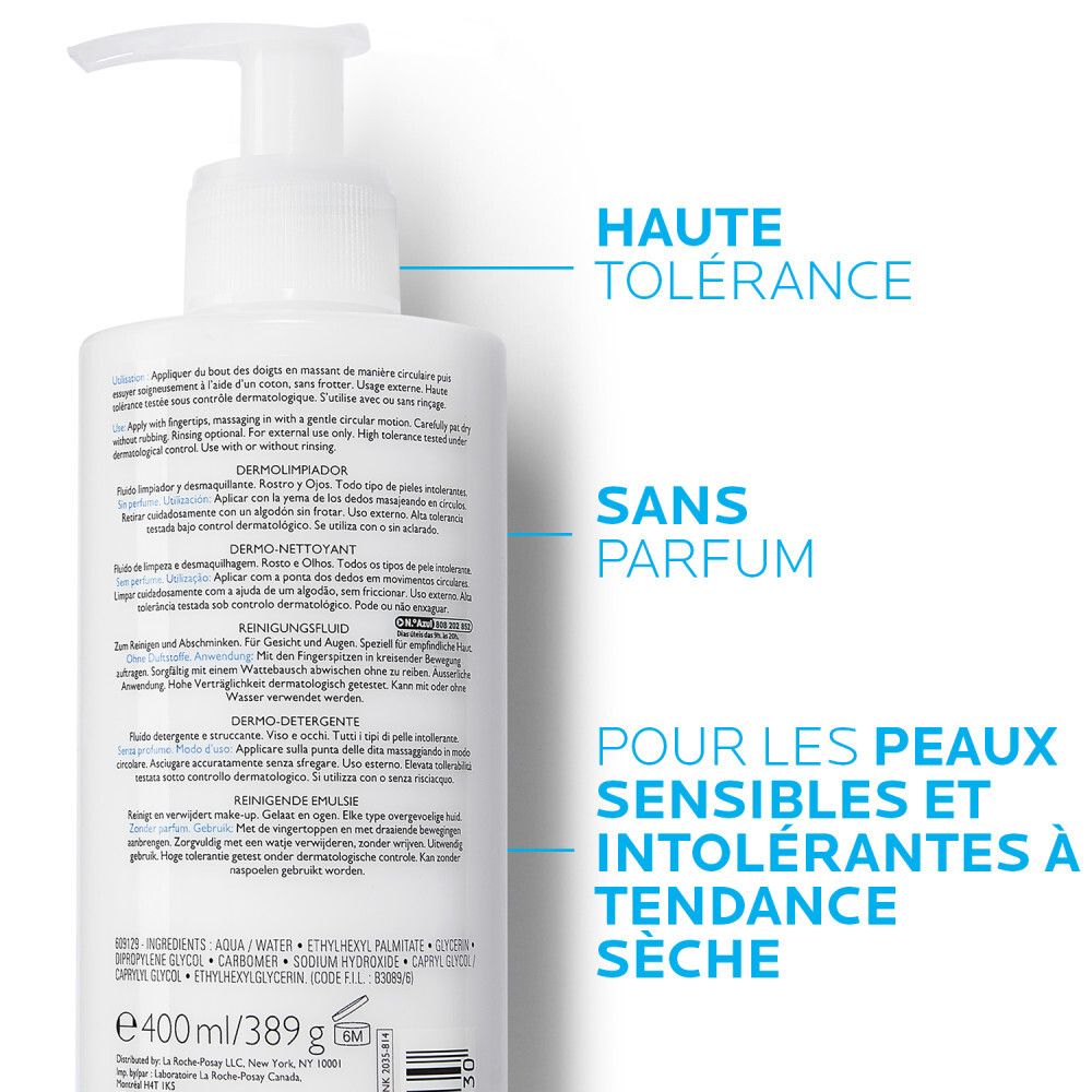 Dos du flacon. Texte multilingue. Inscription: Toleriane, Dermo-nettoyant. 400 ml. Ingrédients.