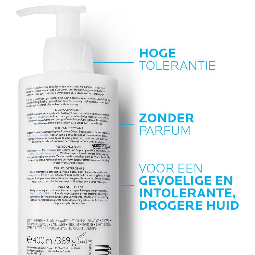 Achterkant van de fles. Meertalige tekst. Opschrift: Toleriane, Dermo-nettoyant. 400 ml. Ingrediënten.
