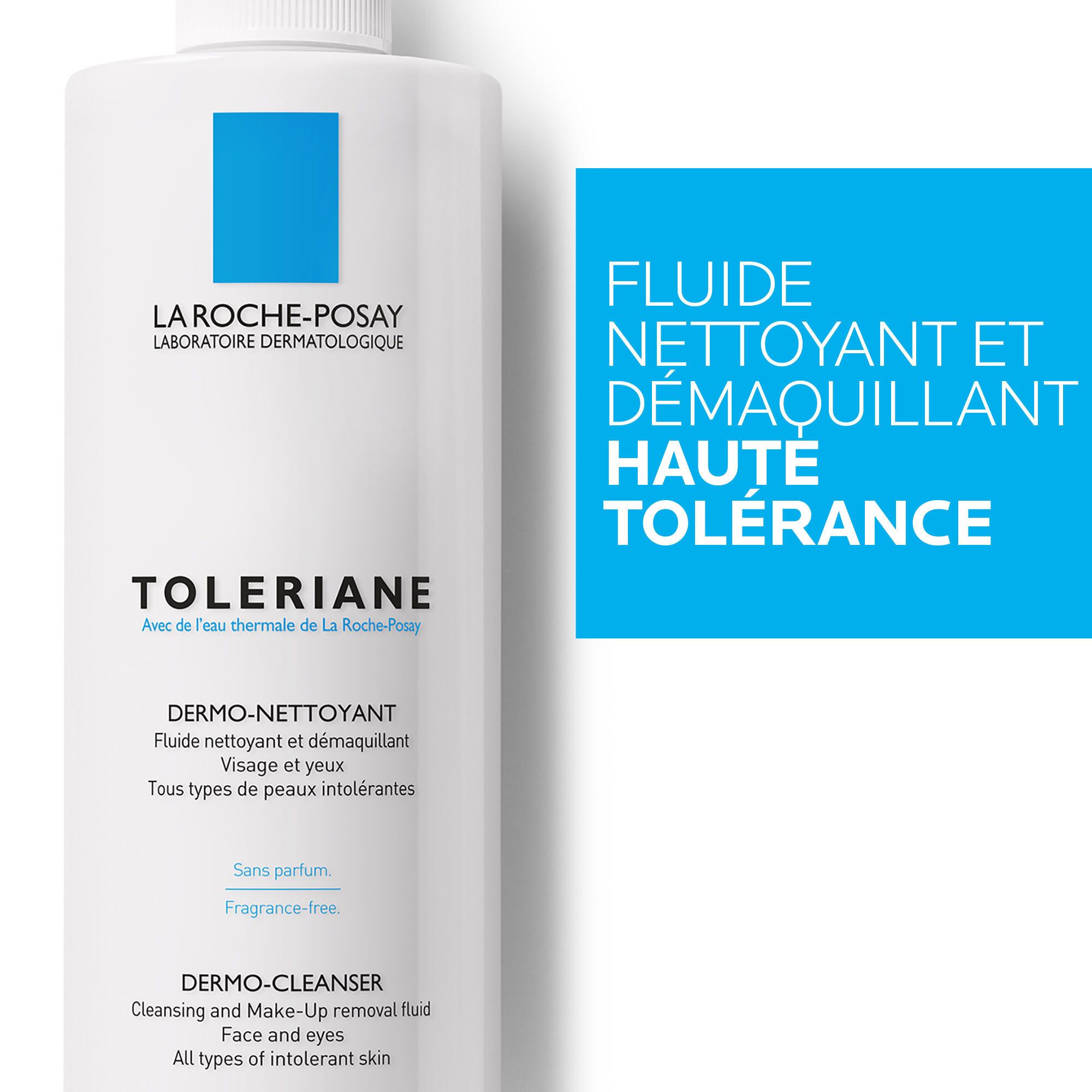 Flacon blanc avec pompe. Marque bleue. Inscription: Toleriane, Dermo-nettoyant. 400 ml.