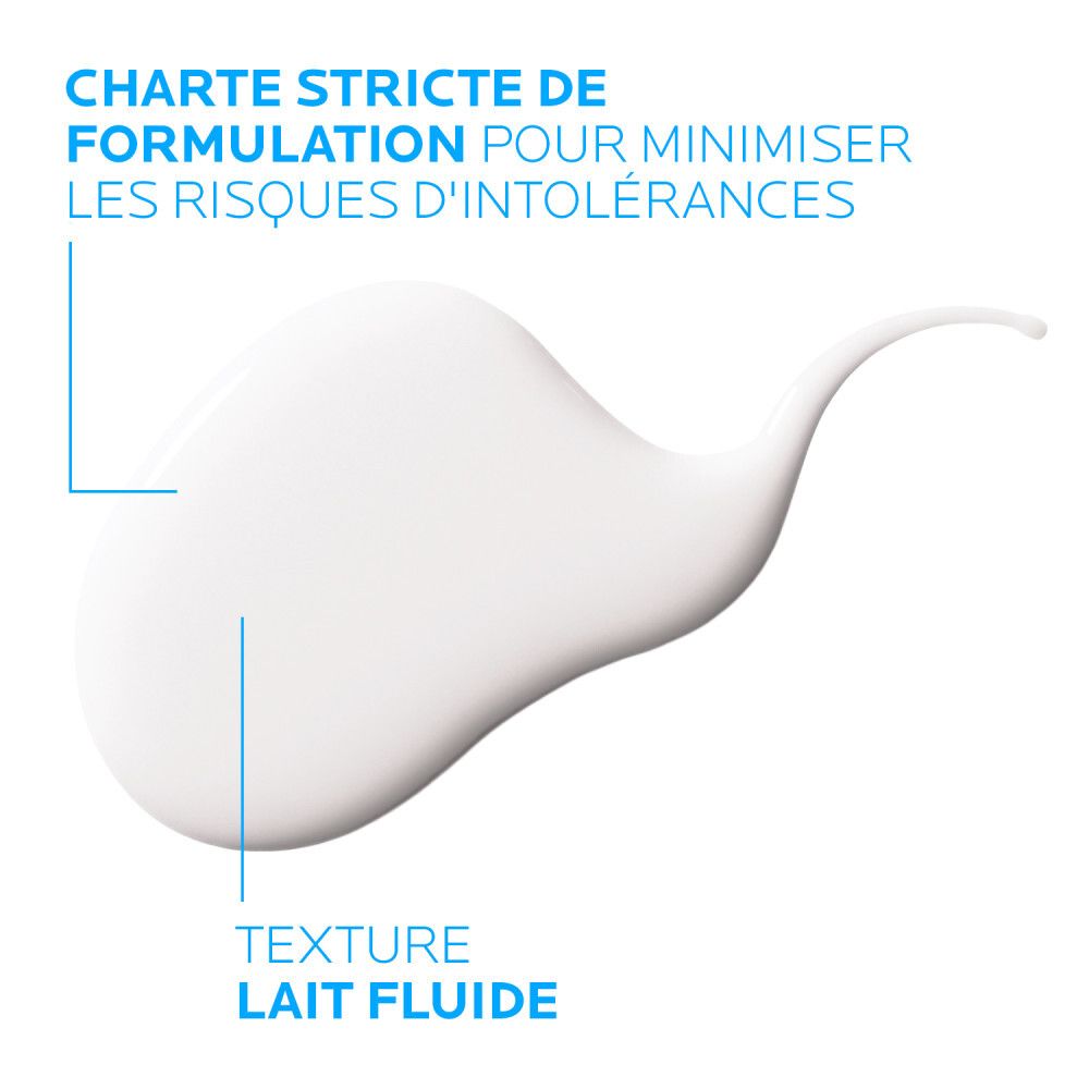 Texture liquide blanche. Inscription: Hypoallergénique, sans parfum. Texture: lait fluide.