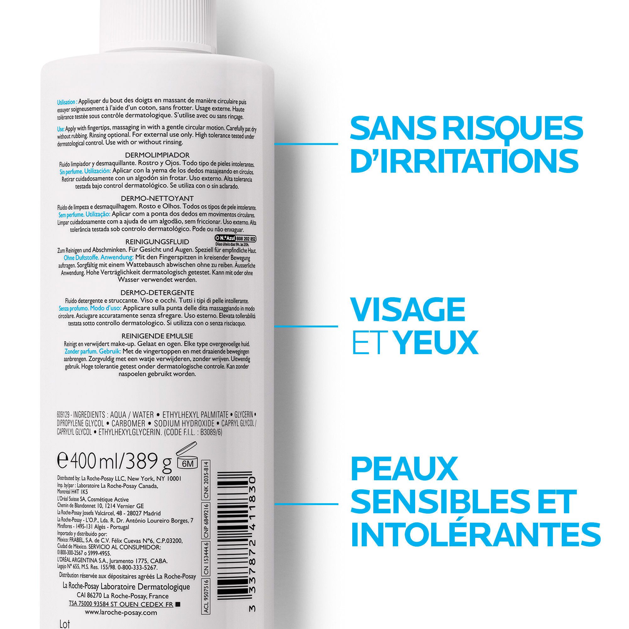 Dos du flacon. Texte multilingue. Inscription: Toleriane, Dermo-nettoyant. 400 ml. Ingrédients.