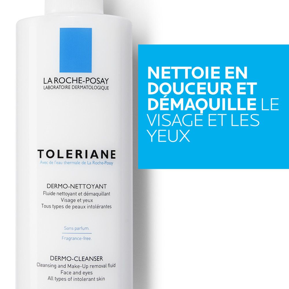 Trois produits côte à côte. Inscription: Toleriane Dermo-nettoyant, Ultra Crème, Ultra Yeux.