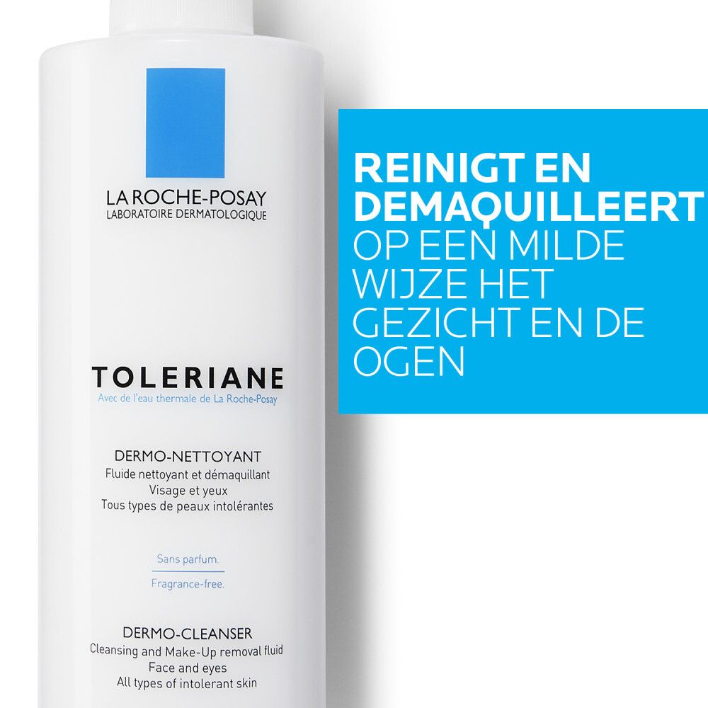 Drie producten naast elkaar. Opschrift: Toleriane Dermo-nettoyant, Ultra Crème, Ultra Ogen.