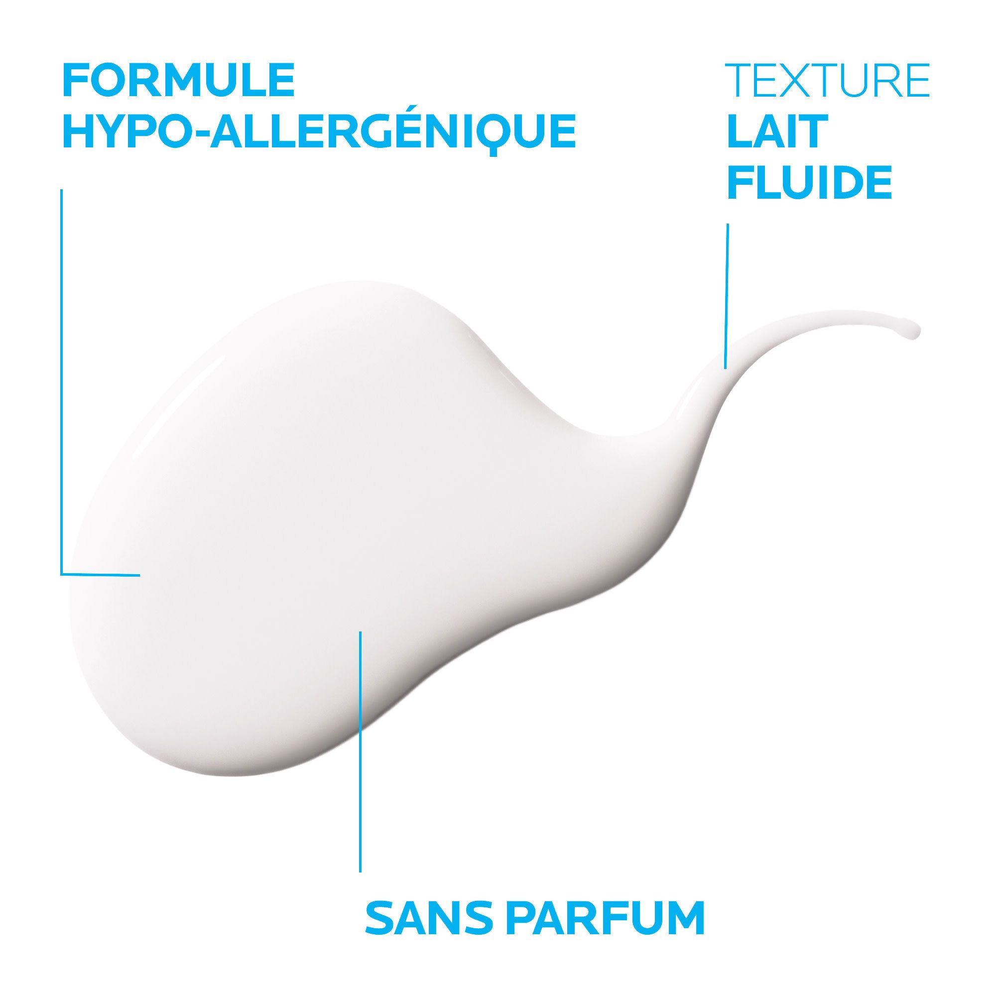 Texture liquide blanche. Inscription: Hypoallergénique, sans parfum. Texture: lait fluide.
