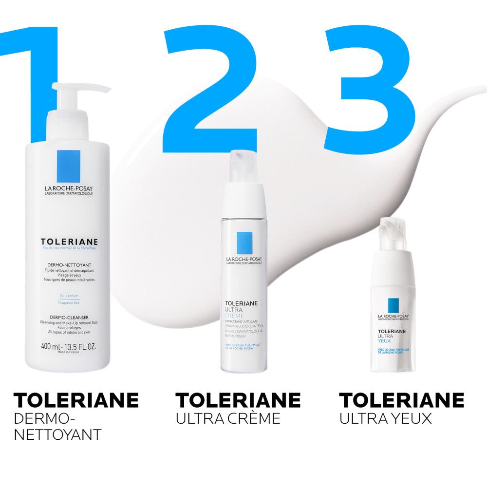 Trois produits côte à côte. Inscription: Toleriane Dermo-nettoyant, Ultra Crème, Ultra Yeux.
