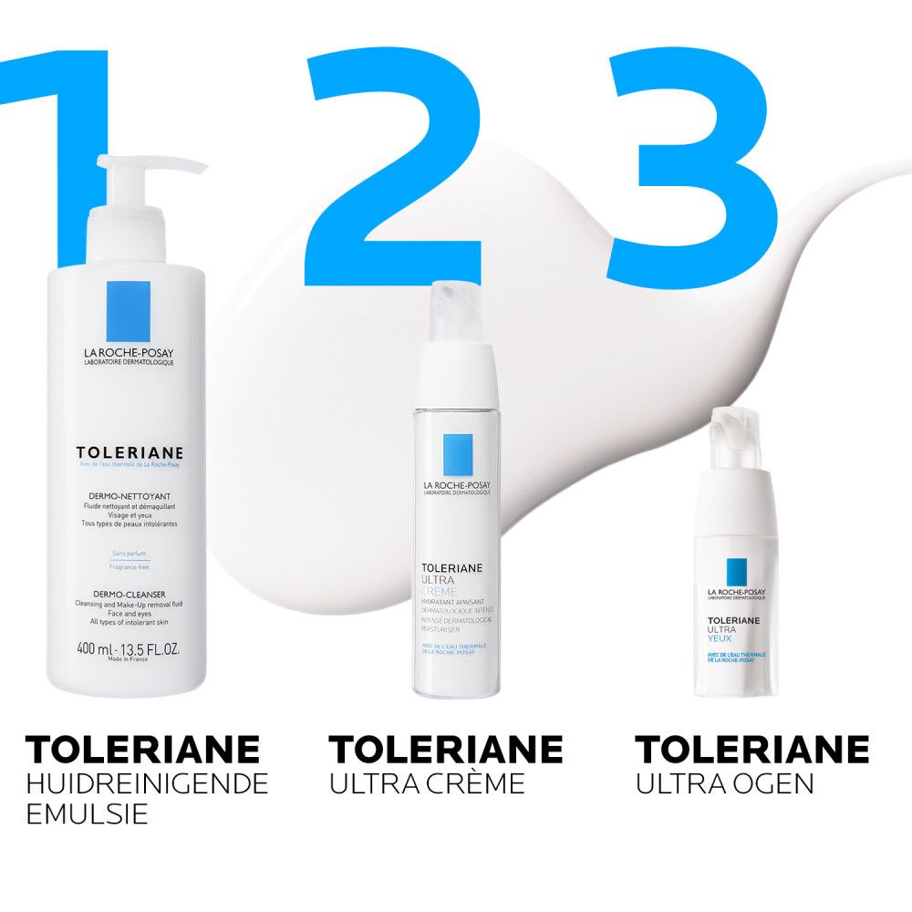 Drie producten naast elkaar. Opschrift: Toleriane Dermo-nettoyant, Ultra Crème, Ultra Ogen.