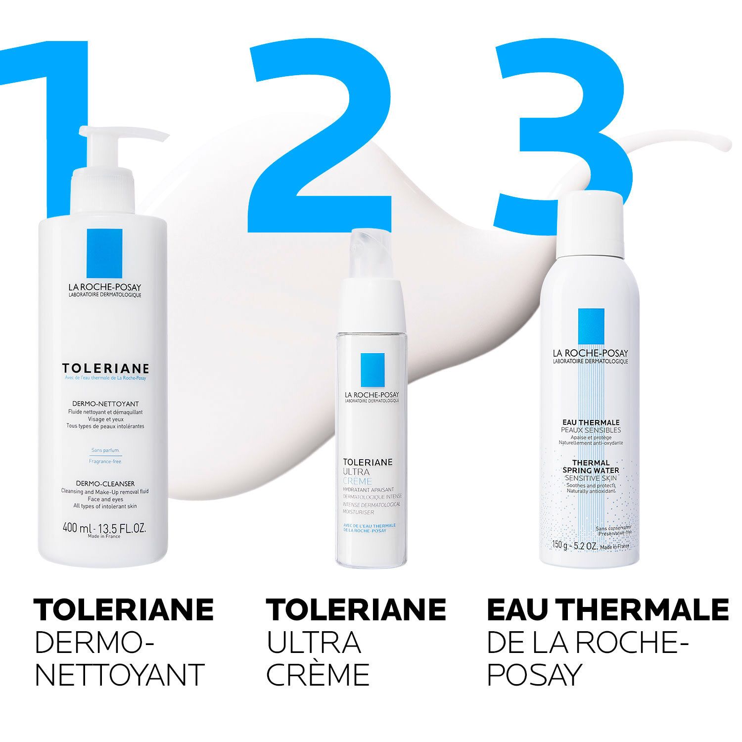 Trois produits côte à côte. Inscription: Toleriane Dermo-nettoyant, Ultra Crème, Ultra Yeux.