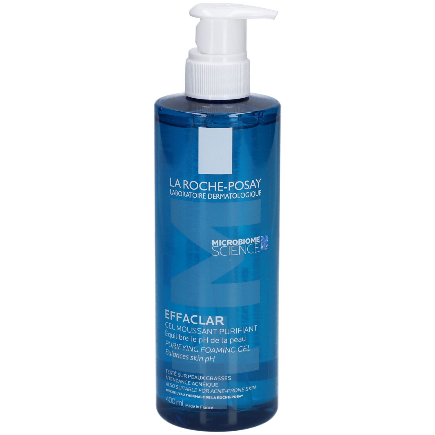 Blauwe fles met witte pomp. Opschrift: Effaclar, Gel moussant purifiant.