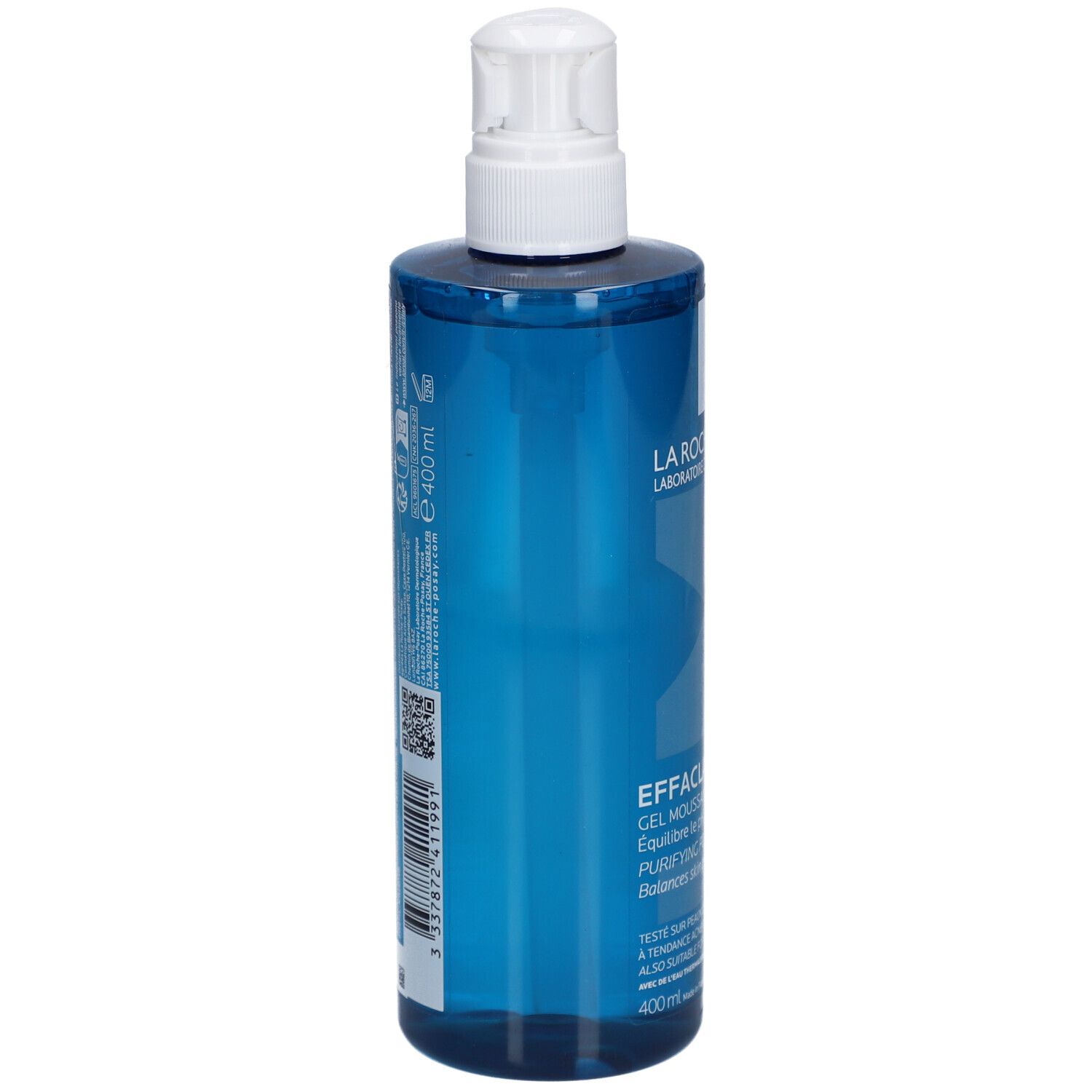 Blauwe fles met witte pomp. Achterkant met tekst en QR-code.