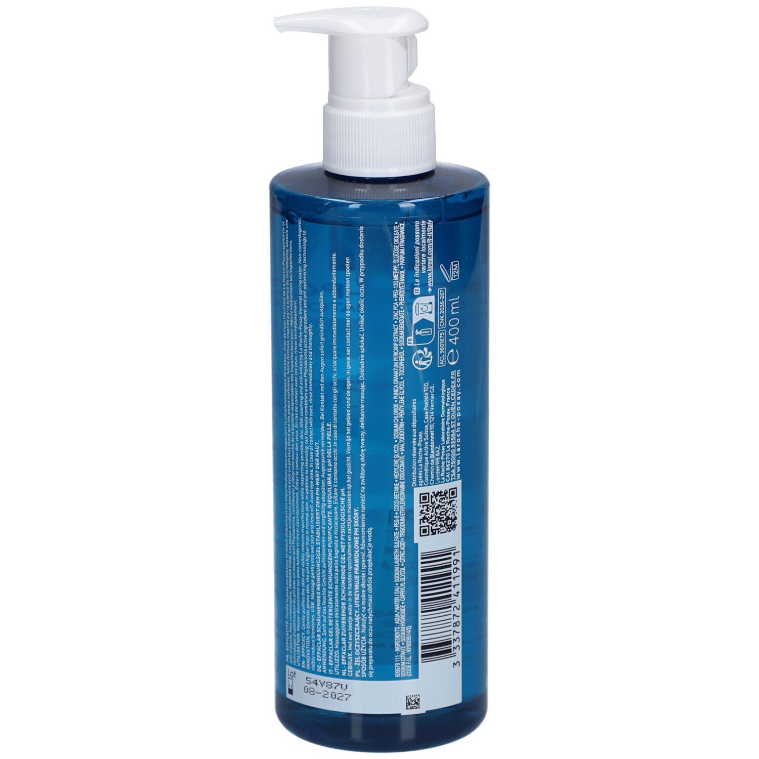 Achterkant van een blauwe fles met witte pomp. Tekst en QR-code.