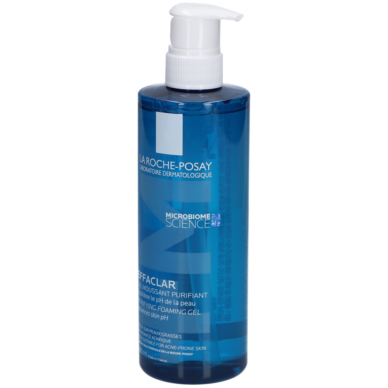 Blauwe fles met witte pomp. Opschrift: Effaclar, Gel moussant purifiant.