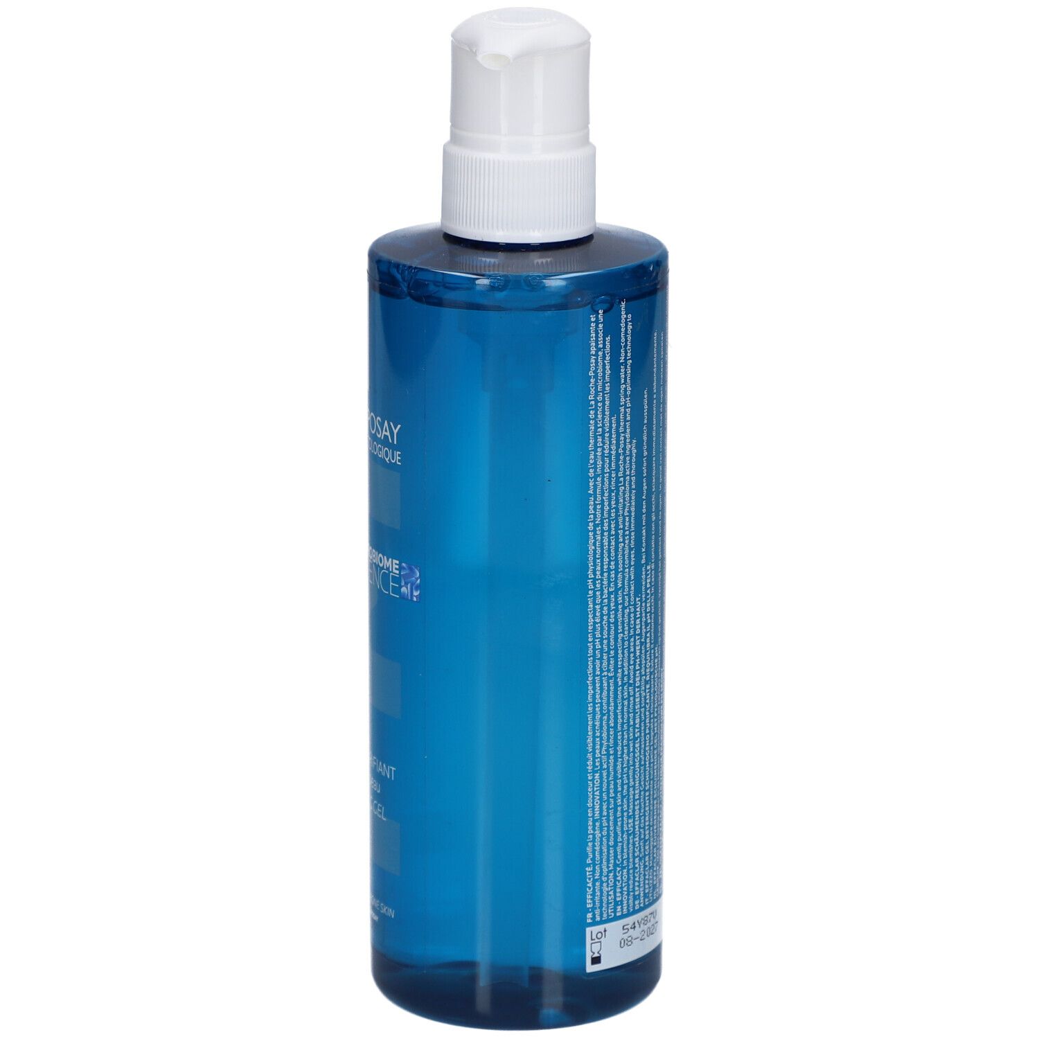 Achterkant van een blauwe fles met witte pomp. Tekst.